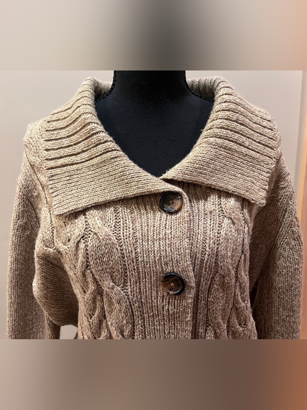 Women’s Cozy Cable Knit Tan Button Cardigan Shawl Collar Preppy Grandmacore XL - Picture 2 of 16